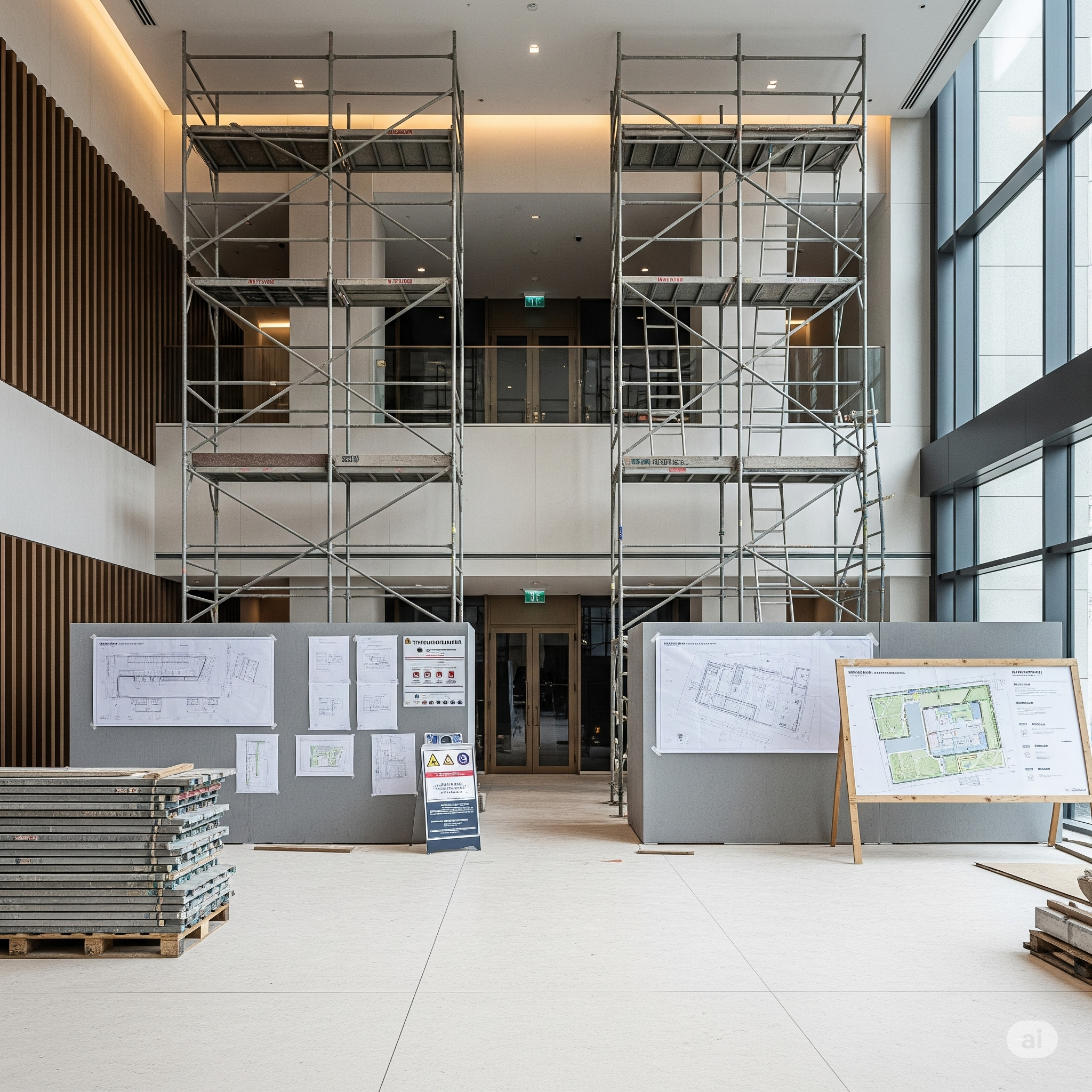 Interior lobby restoration work, scaffolding, architectural drawings, construction materials, Ethos PM Group project