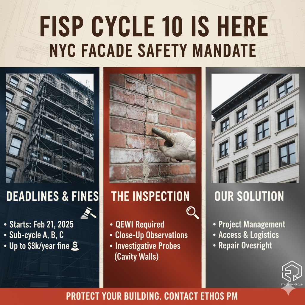 Infographic detailing NYC's FISP Cycle 10 (Local Law 11) facade safety mandate. Features three panels: scaffolding on a building (deadlines & fines), a gloved hand inspecting a brick crack (the inspection details), and a modern building facade with the Ethos PM Group logo (our solution). Key text includes "FISP Cycle 10 Is Here," "NYC Facade Safety Mandate," "Deadlines & Fines," "The Inspection," "Our Solution," and "Protect your building. Contact Ethos PM."