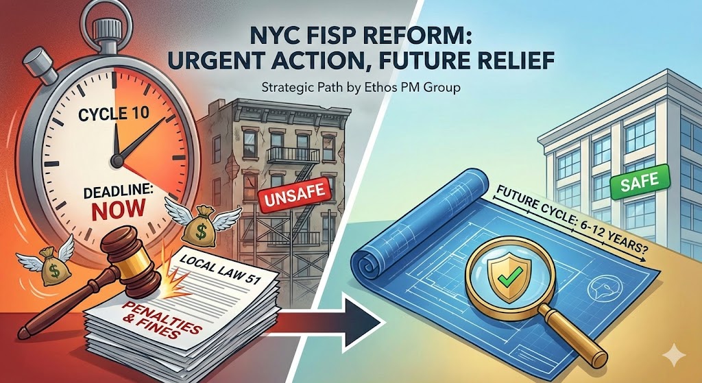 Infographic showing the contrast between NYC FISP Cycle 10 risks—like Local Law 51 fines and unsafe building status—and the future benefits of a 12-year inspection cycle for safe, compliant buildings.